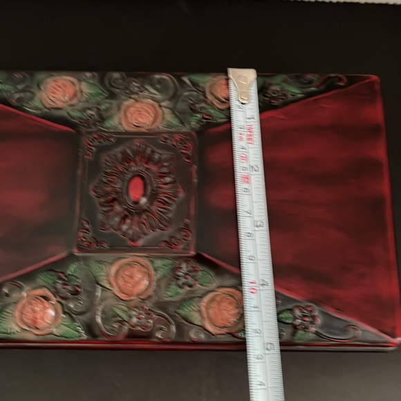 Vintage Wood Trinket, Jewelry Box w/Roses Hinged Lid Mahogany w/Green Lining - Picture 7 of 9